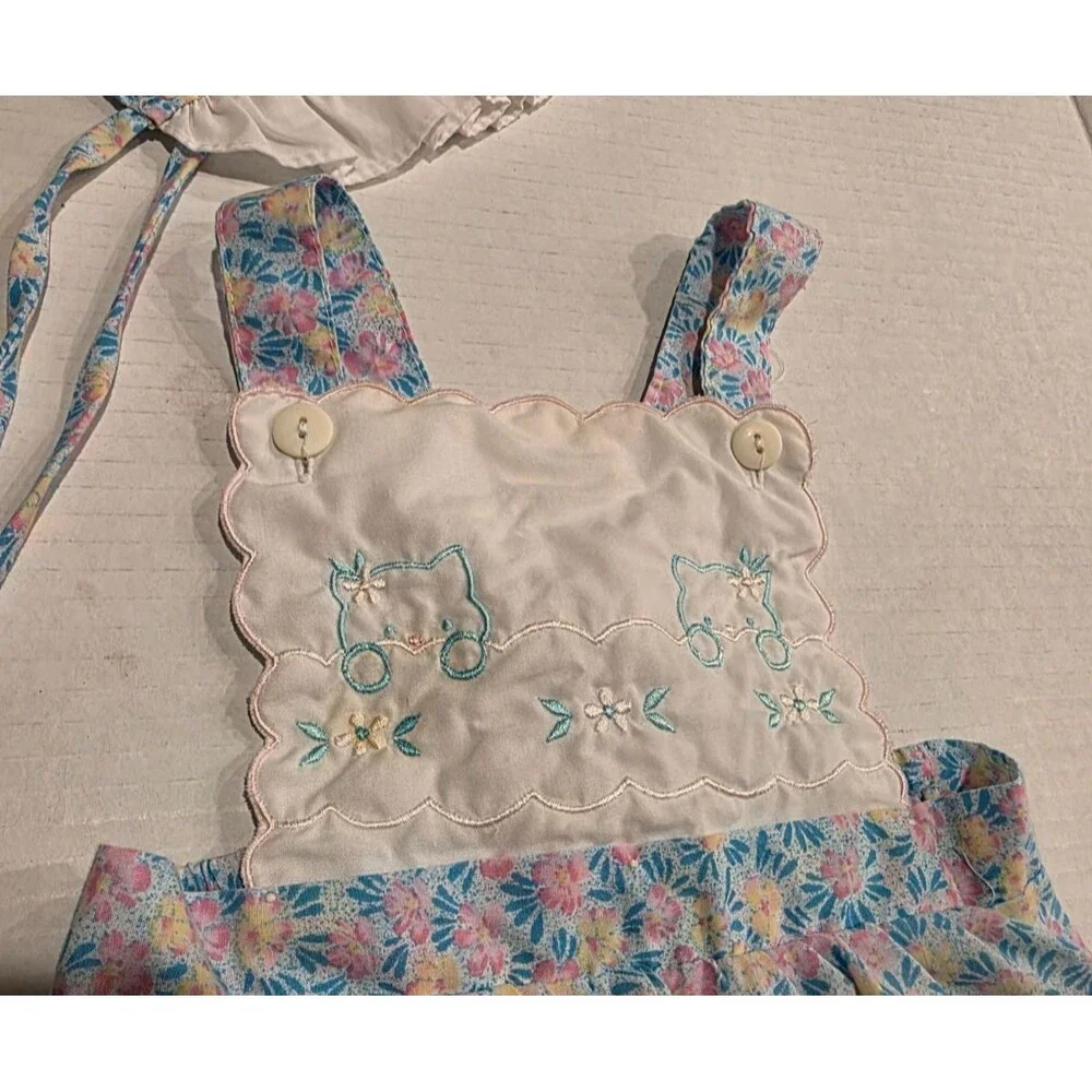 Vintage Blue Floral Romper Overalls with Cats, Matching Bonnet 24 Months
